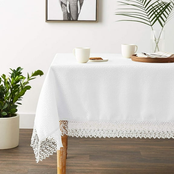 Violet Linen Legacy Cobblestone Design, Macrame Lace Border, Polyester Jacquard, White, 70 Inch by 144 Inch, Seats 12 to 14 Pepole, Rectangle Tablecloths