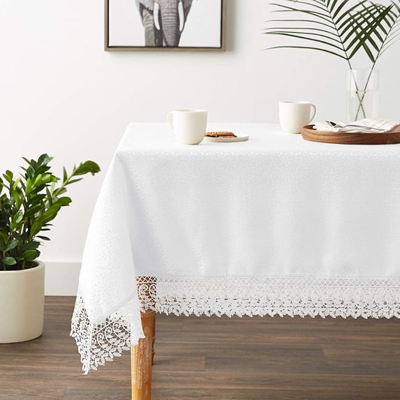 Violet Linen Legacy Cobblestone Design, Macrame Lace Border, Polyester Jacquard, White, 70 Inch by 180 Inch, Seats 16 to 18 Pepole, Rectangle Tablecloths