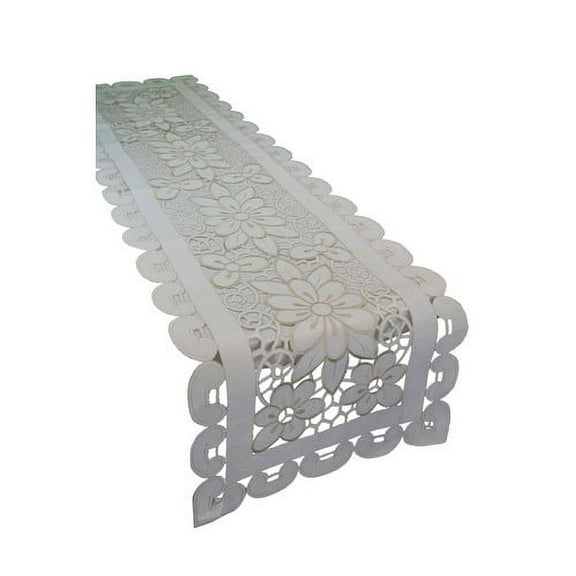 Luxurious Sweedish Embroidered and Cutwork Design 14" x 34" Table Runner - In Ivory