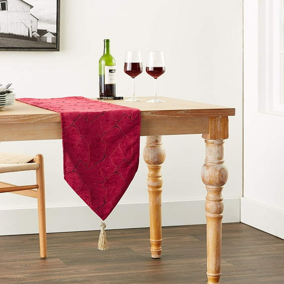Violet Linen Milano Arts Artistic Design, Polyester Jacquard Chenille, with Tassles, Burgundy, 13 Inch by 70 Inch, Decorative Table Runners