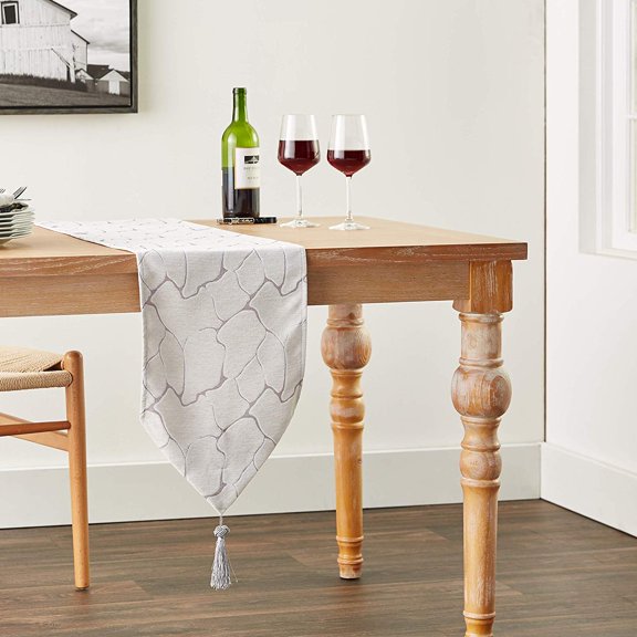Violet Linen Milano Arts Artistic Design, Polyester Jacquard Chenille, with Tassles, Silver, 13 Inch by 70 Inch, Decorative Table Runners