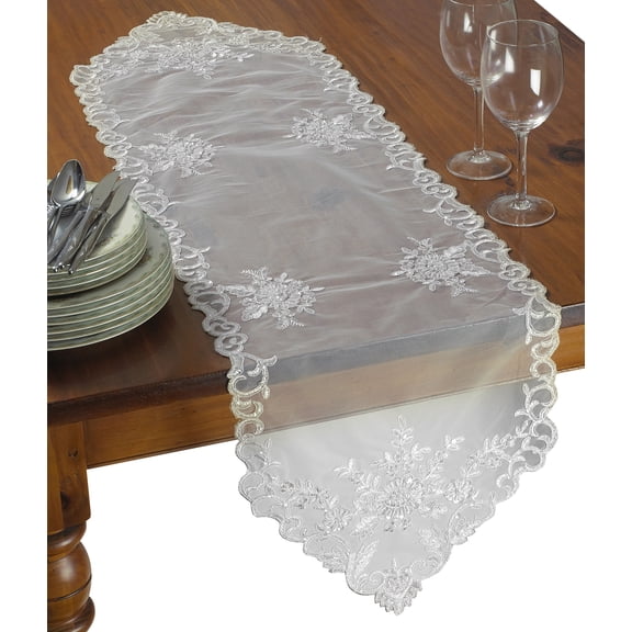 Violet Linen Orchid Decorative Embroidered Lace Table Runner, 14" x 34", Ivory