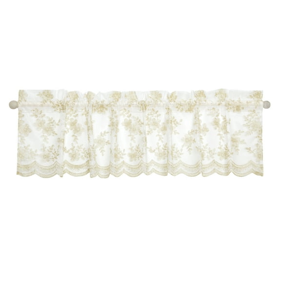 Violet Linen Ornate Vintage Boutique Lace Pattern, Polyester, Embroidered Sheer Lace, Gold, 60 Inch x 18 Inch, Decorative Window Treatment Rod Pocket Curtain Straight Valance