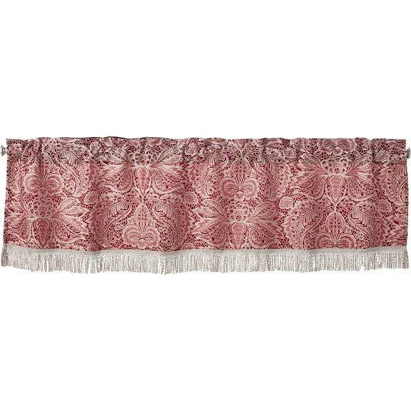 Violet Linen Pacifica Lace Look Damask Pattern, Polyester Jacquard, with Fringes, Burgundy, 60 Inch x 18 Inch, Decorative Window Treatment Rod Pocket Curtain Valance