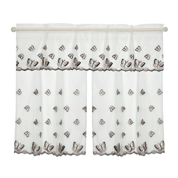 Violet Linen Paris Vintage Butterfly Boutique Lace Pattern, Polyester, Embroidered Sheer Lace, 1 of 60" x 18" , 2 of 30" x 36" Decorative Window Kitchen Curtain Panel Tiers and Straight Valance