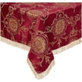 thumbnail image 1 of Violet Linen Prestige Medallion Damask Pattern, Polyester Jacquard, with Fringes, Burgundy, 60 Inch by 140 Inch, Seats 12 to 14 people, Rectangle Tablecloths, 1 of 8