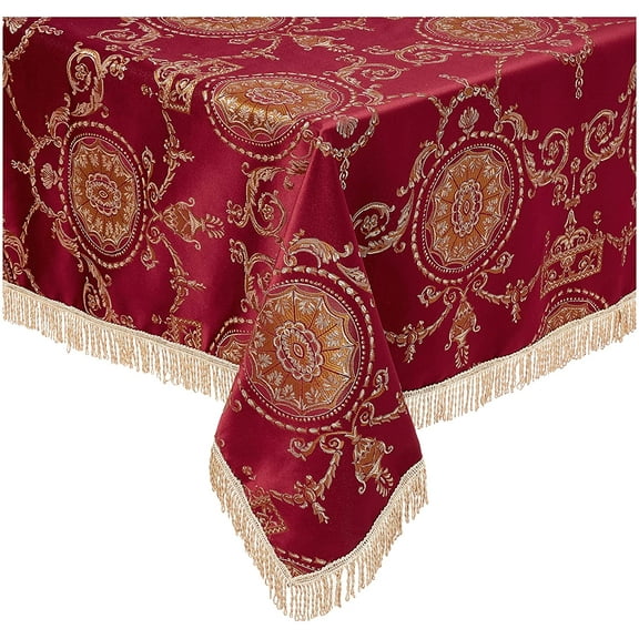 Violet Linen Prestige Medallion Damask Pattern, Polyester Jacquard, with Fringes, Burgundy, 60 Inch by 140 Inch, Seats 12 to 14 people, Rectangle Tablecloths