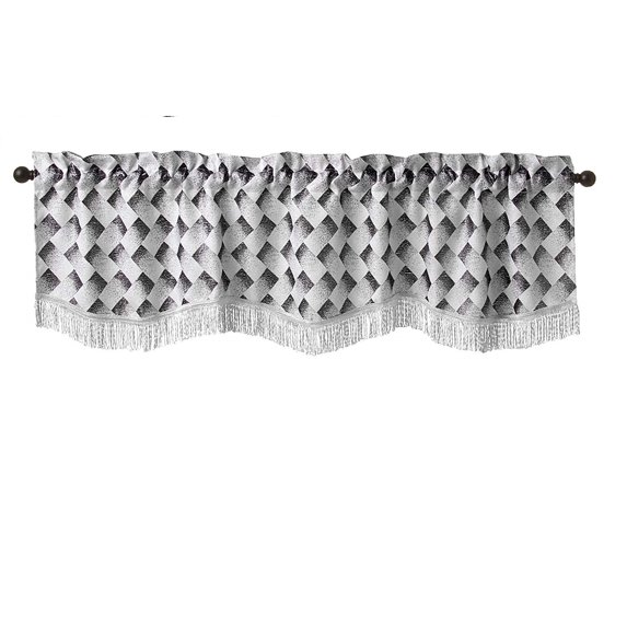 Violet Linen Princess Geometric Abstract Herringbone Blocks Design, Polyester Jacquard, with Fringes, Silver, 60 Inch by 18 Inch, Decorative Window Treatment Rod Pocket Curtain Valance