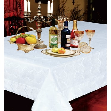 Violet Linen Princess Zig Zag Vertical Stripes Chevron Pattern, Polyester Jacquard, with Metallic Thread, White, 52 Inch by 70 Inch, Seats 4 to 6 people Tablecloths
