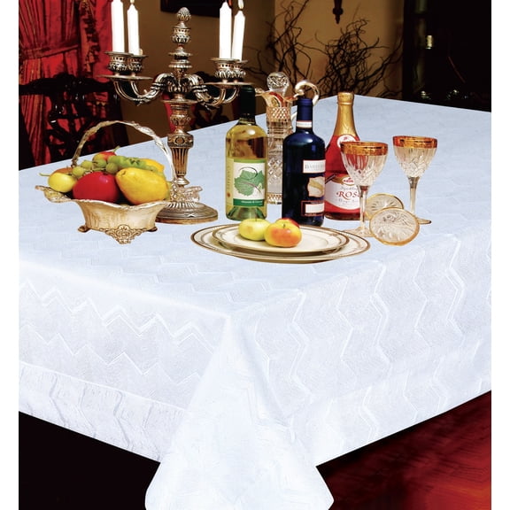 Violet Linen Princess Zig Zag Vertical Stripes Chevron Pattern, Polyester Jacquard, with Metallic Thread, White, 60 Inch by 95 Inch, Seats 6 to 8 people Tablecloths