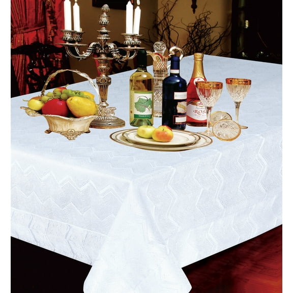 Violet Linen Princess Zig Zag Vertical Stripes Chevron Pattern, Polyester Jacquard, with Metallic Thread, White, 70 Inch x 160 Inch, Seats 14 to 16 people, Rectangular Tablecloths
