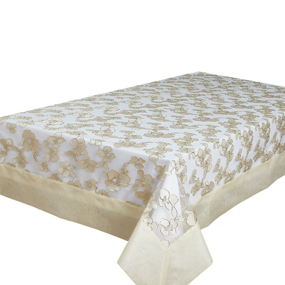 Violet Linen Ribbon Rose Mesh Lace Pattern, Polyester, Wire Lace Embroidery with Border, Ivory, 54 Inch x 72 Inch, Seats 4 to 6 people, Rectangular Tablecloths