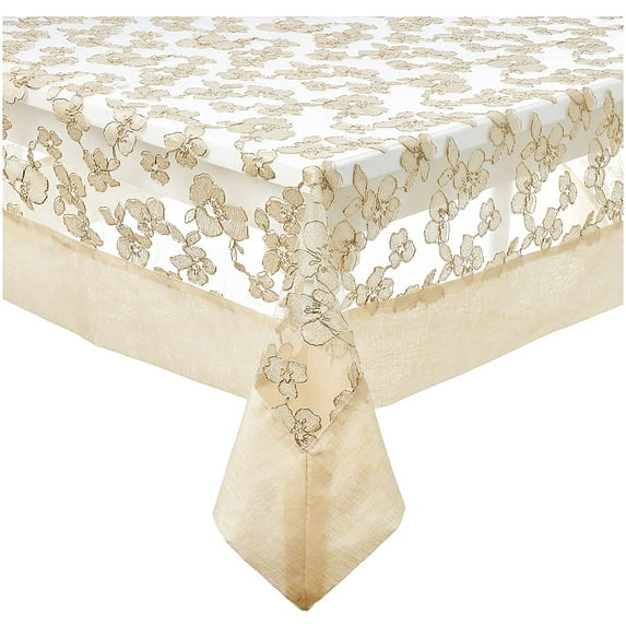 Violet Linen Ribbon Rose Mesh Lace Pattern, Polyester, Wire Lace Embroidery with Border, Ivory, 70 Inch x 108 Inch, Seats 8 to 10 people, Rectangular Tablecloths