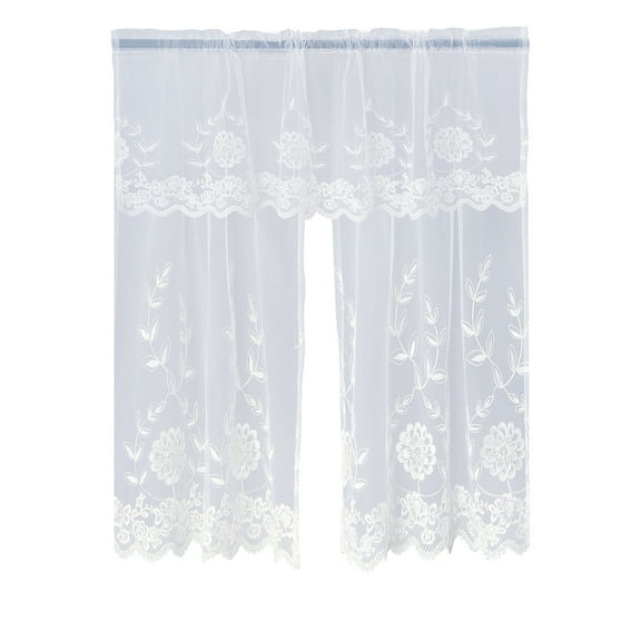 Violet Linen Royalty Decorative Embroidered Sheer Lace Floral Design, 3 Piece Kitchen Curtain Set, Ivory