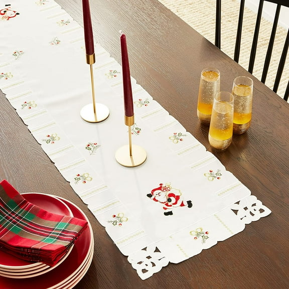 Violet Linen Santa Claus Holly Bows Embroidery Pattern, Polyester Cutwork Embroidered, Ivory, 14 Inch x 34 Inch, Decorative Table Runner