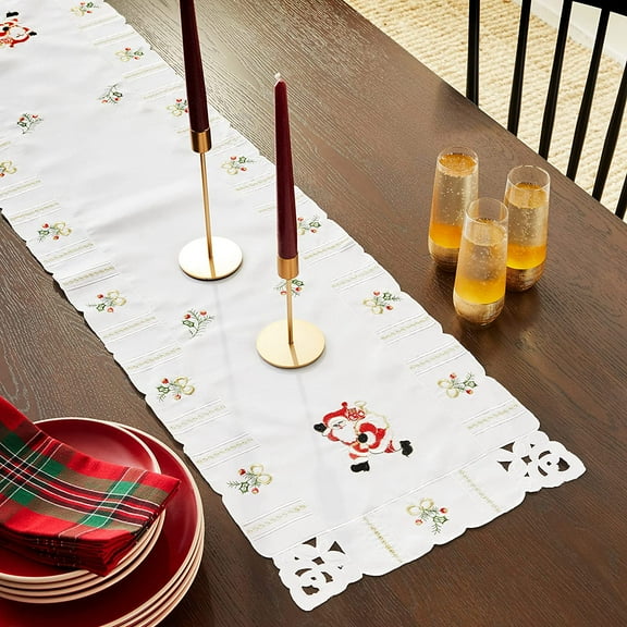 Violet Linen Santa Claus Holly Bows Embroidery Pattern, Polyester Cutwork Embroidered, White, 14 Inch x 54 Inch, Decorative Table Runner