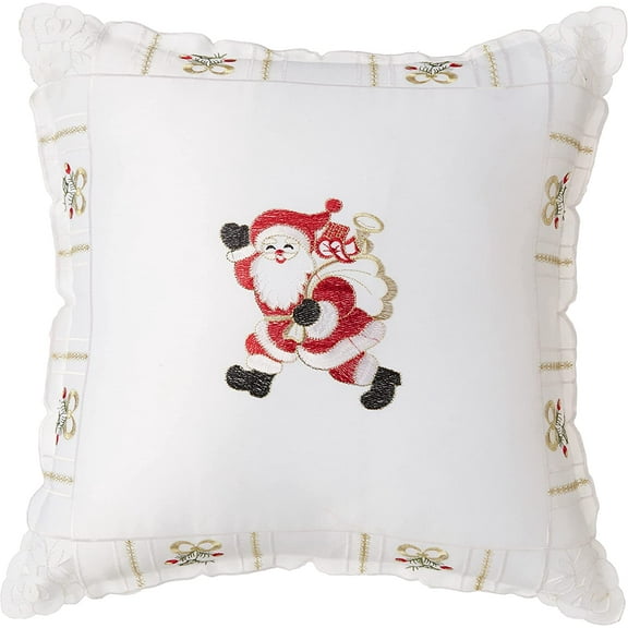Violet Linen Santa Claus Holly Bows Embroidery Pattern, Polyester Cutwork Embroidered, White, 18 Inch x 18 Inch, Decorative Throw Pillow