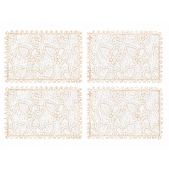 Violet Linen Sapphire Elegant Butterfly Pattern, Polyester, Sequins Shining Flower Embroidered Lace, Ivory, 12" X 18" Rectangular, Set of 4, Decorative Place Mats