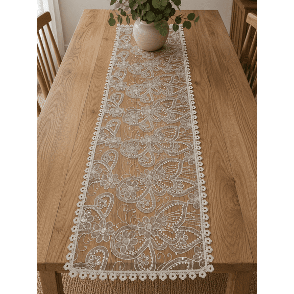 Violet Linen Sapphire Elegant Butterfly Pattern Table Runner, Ivory, 14" x 34"