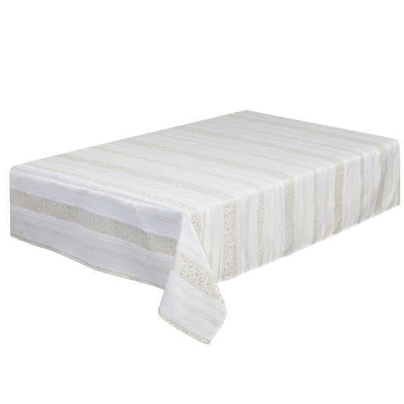 Violet Linen Scroll Striped Pattern, Polyester Embroidery, Metallic Thread, Woven Fabric, Gold , 60 Inch by 84 Inch, Seats 6 to 8 people, Rectangle Tablecloths