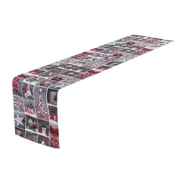 Violet Linen Seasonal Christmas Splendours Pattern, Polyester, Super soft feel fabric, digital print, Collage of Different Red Grey and White Ornaments, 12 Inch x 70 Inch, Decorative Table Runner