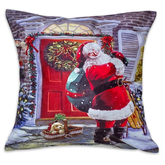Violet Linen Seasonal Christmas Splendours Pattern, Polyester, Super soft feel faux suede fabric, digital print, Santa House, 18 Inch x 18 Inch, Decorative Throw Pillow Cover