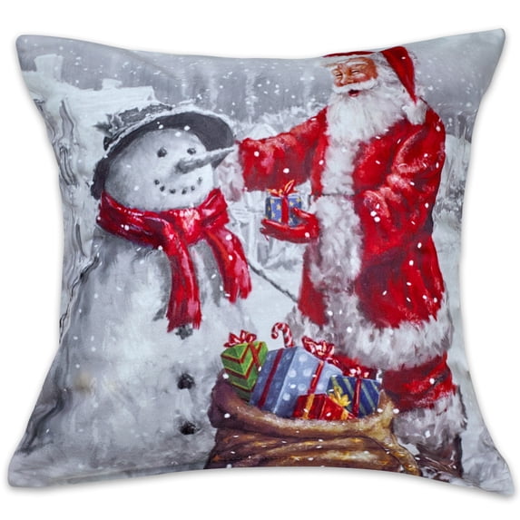 Violet Linen Seasonal Christmas Splendours Pattern, Polyester, Super soft feel faux suede fabric, digital print, Santa Snowman, 18 Inch x 18 Inch, Decorative Throw Pillow Cover