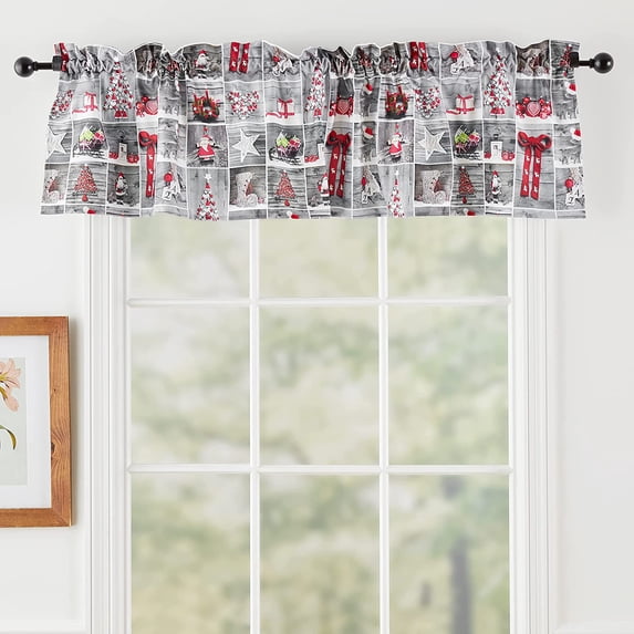 Violet Linen Seasonal Christmas Splendours Pattern, Polyester, digital print, Collage Different Red, Grey, White Ornaments, 60" x 15", Decorative Window Treatment Rod Pocket Curtain Straight Valance