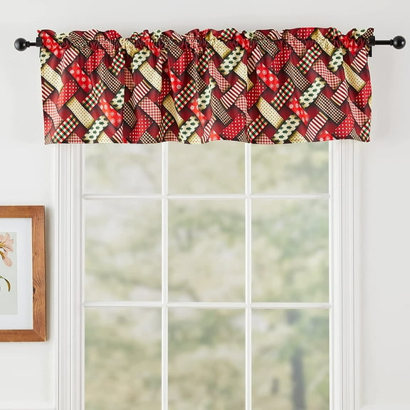 Violet Linen Seasonal Christmas Splendours Pattern, Polyester, digital print, Interweaving Ribbons, Christmas Red, 60 Inch x 15 Inch, Decorative Window Treatment Rod Pocket Curtain Straight Valance