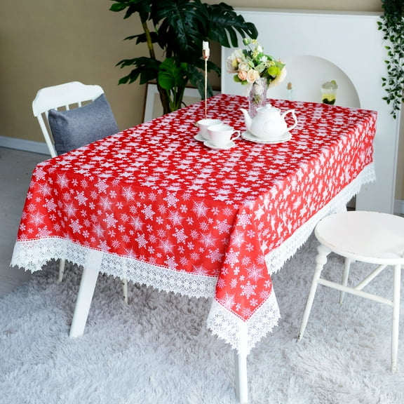 Violet Linen Seasonal Christmas White Snow Flakes, Macrame Lace Border Pattern, Polyester Embroidered Lace, Red, 70 Inch x 120 Inch, Seats 10 to 12 people, Rectangular Tablecloths