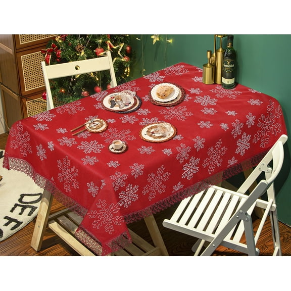 Violet Linen Seasonal Winter Christmas Red Snowflakes, Macrame Lace Border Pattern, Polyester Embroidered Lace, Red , 65 inch x 105 inch, Seats 8 to 10 people, Rectangular Tablecloths