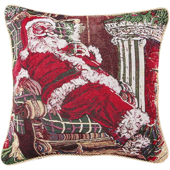 Violet Linen Seasonal Xmas Christmas Holiday Bliss Pattern, Polyester Tapestry Jacquard , Reclining Santa, 18 Inch x 18 Inch, Decorative Throw Pillow Cover