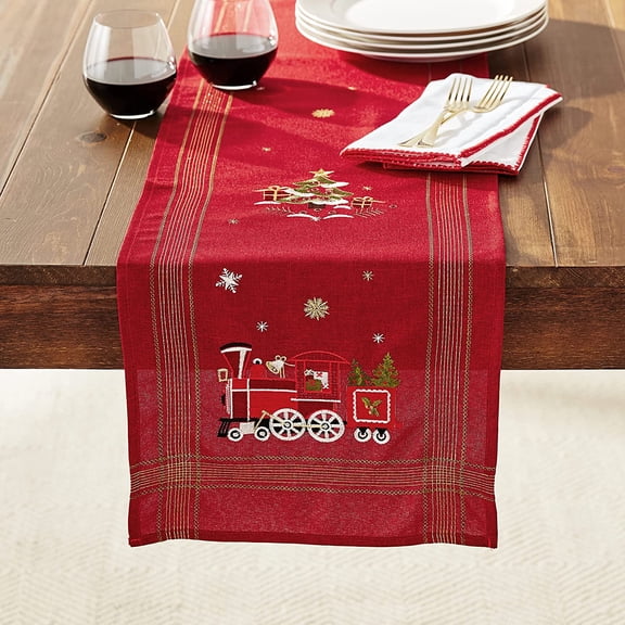 Violet Linen Seasonal Xmas Christmas Holiday Essenial Pattern, Polyester Embroidered Jacquard , Train, 13 Inch x 70 Inch, Decorative Table Runner