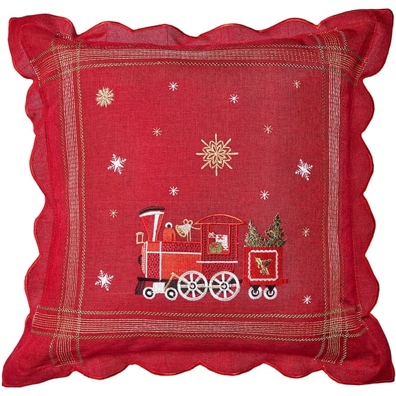 Violet Linen Seasonal Xmas Christmas Holiday Essenial Pattern, Polyester Embroidered Jacquard , Train, 18 Inch x 18 Inch, Decorative Throw Pillow