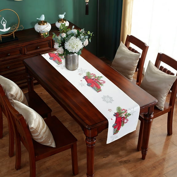 Violet Linen Seasonal Xmas Christmas Holiday Harmony Garland Pattern, Polyester, Santas Vintage Truck, 13 Inch x 70 Inch, Decorative Table Runner