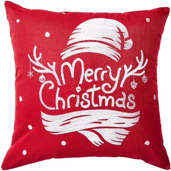 Violet Linen Seasonal Xmas Christmas Holiday Spirits Pattern, Polyester Embroidered Applique, Red with White Embroidered, 18 Inch x 18 Inch, Decorative Throw Pillow