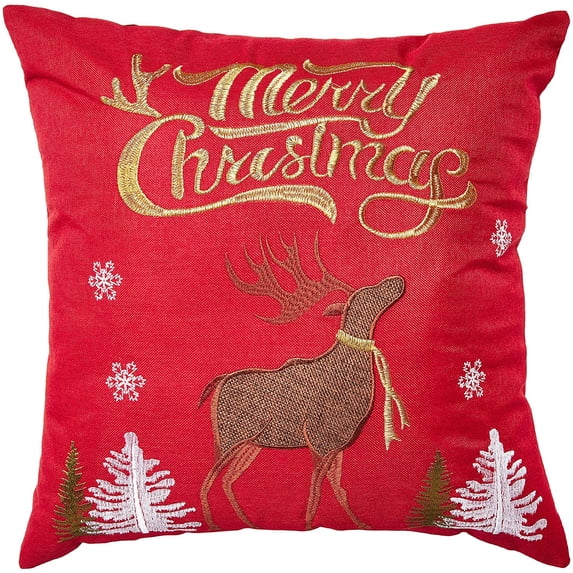 Violet Linen Seasonal Xmas Christmas Holiday Spirits Pattern, Polyester Embroidered Applique, Reindeer on Red, 18 Inch x 18 Inch, Decorative Throw Pillow Cover