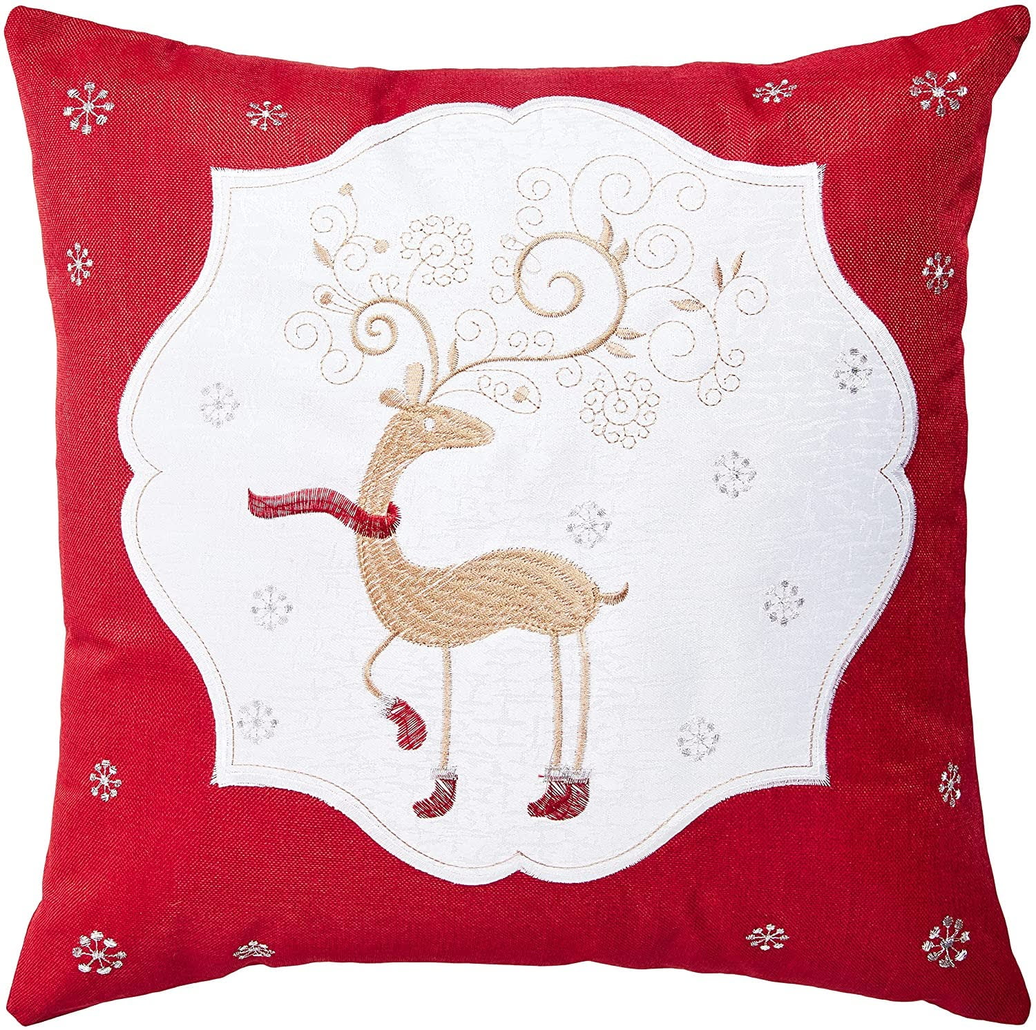 Tinsel Multicolor Christmas Reindeer Applique Embroidered 18 in. x 18 in.  Throw Pillow