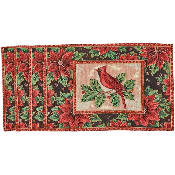 Violet Linen Seasonal Xmas Christmas Holiday Tapestry Pattern, Polyester Tapestry Jacquard, Cardinal Birds, 12 Inch by 18 Inch, Rectangle, Set of 4, Decorative Place Mats