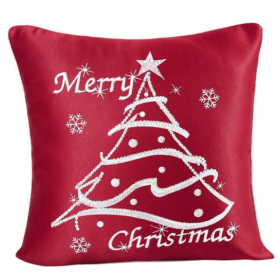 Violet Linen Seasonal Xmas Christmas Holiday Trees Pattern, Polyester Fabric, White Rope Edge, Solid Red Backing, Sequin Tree , 18 Inch x 18 Inch, Square, Decorative Accent Throw Pillow