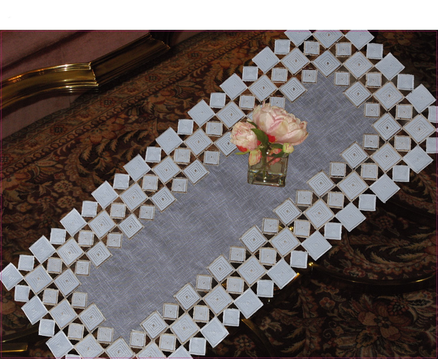 Ivory Embroidered Cutwork Polyester Table Runner, 54" x 14"