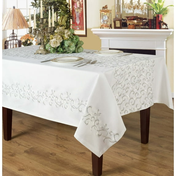 Violet Linen Seville Exquisite Vintage Decorative Floral Pattern, Polyester Embroidered, White, 70 Inch by 160 Inch, Seats 14 to 16 people, Rectangular Tablecloths