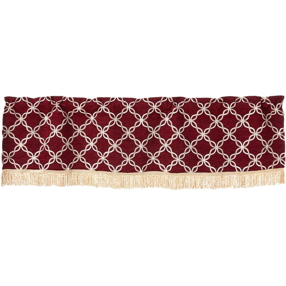 Violet Linen Signature Chenille Diamond pattern, Polyester Chenille Jacquard, with Fringes, Burgundy, 60 Inch x 18 Inch, Decorative Window Treatment Rod Pocket Curtain Valance