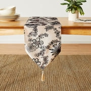Violet Linen Silky Bloom Daisy Flower Pattern, Faux Silk Polyester Fabric, With Tassles, Beige , 13 Inch x 70 Inch, Rectangular, Decorative Table Runner