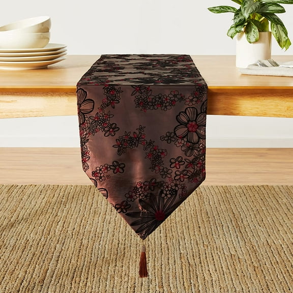 Violet Linen Silky Bloom Daisy Flower Pattern, Faux Silk Polyester Fabric, With Tassles, Brown , 13 Inch x 70 Inch, Rectangular, Decorative Table Runner