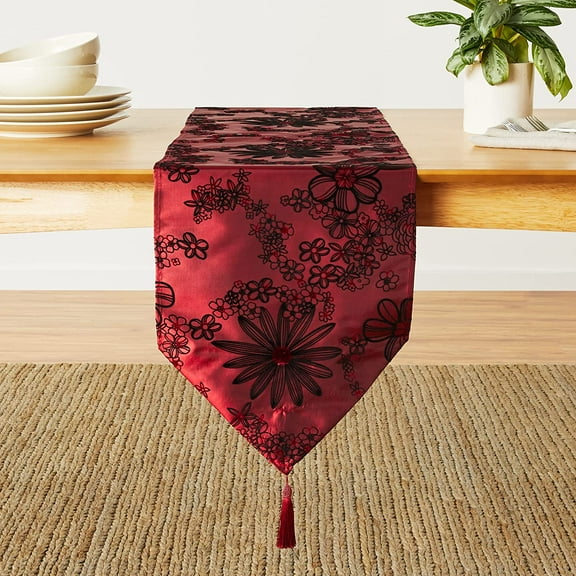 Violet Linen Silky Bloom Daisy Flower Pattern, Faux Silk Polyester Fabric, With Tassles, Burgundy , 13 Inch x 70 Inch, Rectangular, Decorative Table Runner