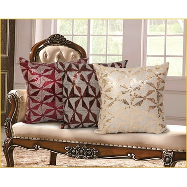 Violet Linen Sparkling Embroidered Sequins Pattern, Silky Faux Polyester, Burgundy, 18 Inch x 18 Inch, Decorative Throw Pillow