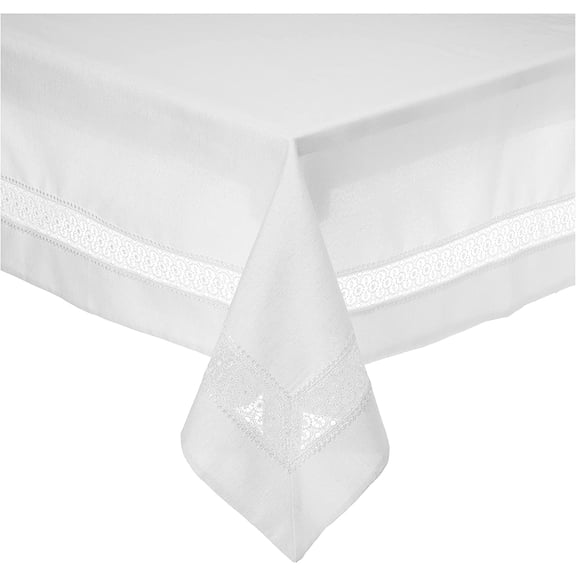 Violet Linen Splendour Exquisite Macrame Lace Border Pattern, Polyester Embroidered Lace, White, 70 Inch by 144 Inch, Seats 12 to 14 people Tablecloths