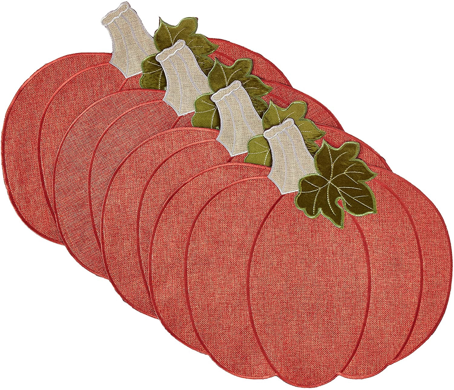 Violet Linen Thanksgiving Harvest Fall Pumpkin Pattern, Polyester Applique Embroidered Burlap, Red, 12 Inch x 18 Inch, Oval, Set of 4, Decorative Place Mats