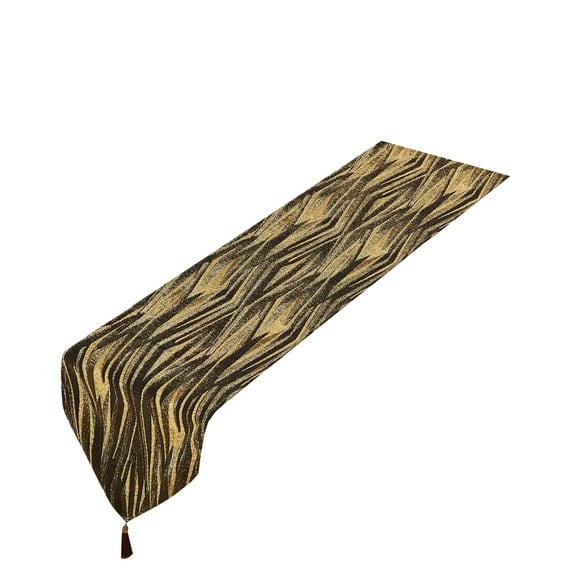 Violet Linen Tivoli Abstract Pattern, Polyester Jacquard, with Tassles, Gold, 13 Inch x 70 Inch, Decorative Table Runner